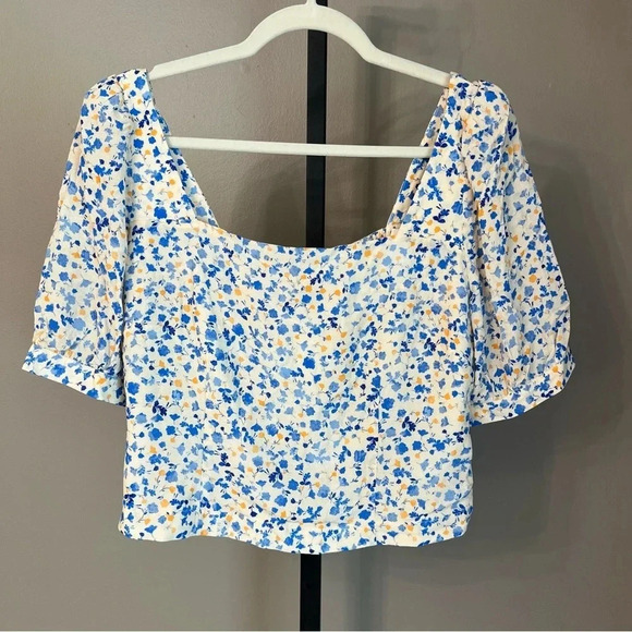 Favorite Daughter Square Neck Floral Blouse Poppy Blue White Large NWT Feminine - Picture 1 of 6